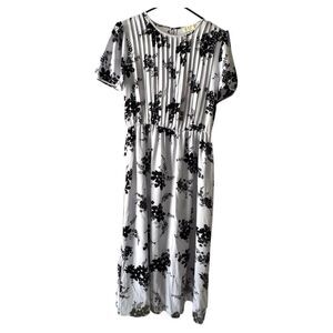 Michael Kors Pleated Floral Midi Dress | Black & Light Grey | Size Small